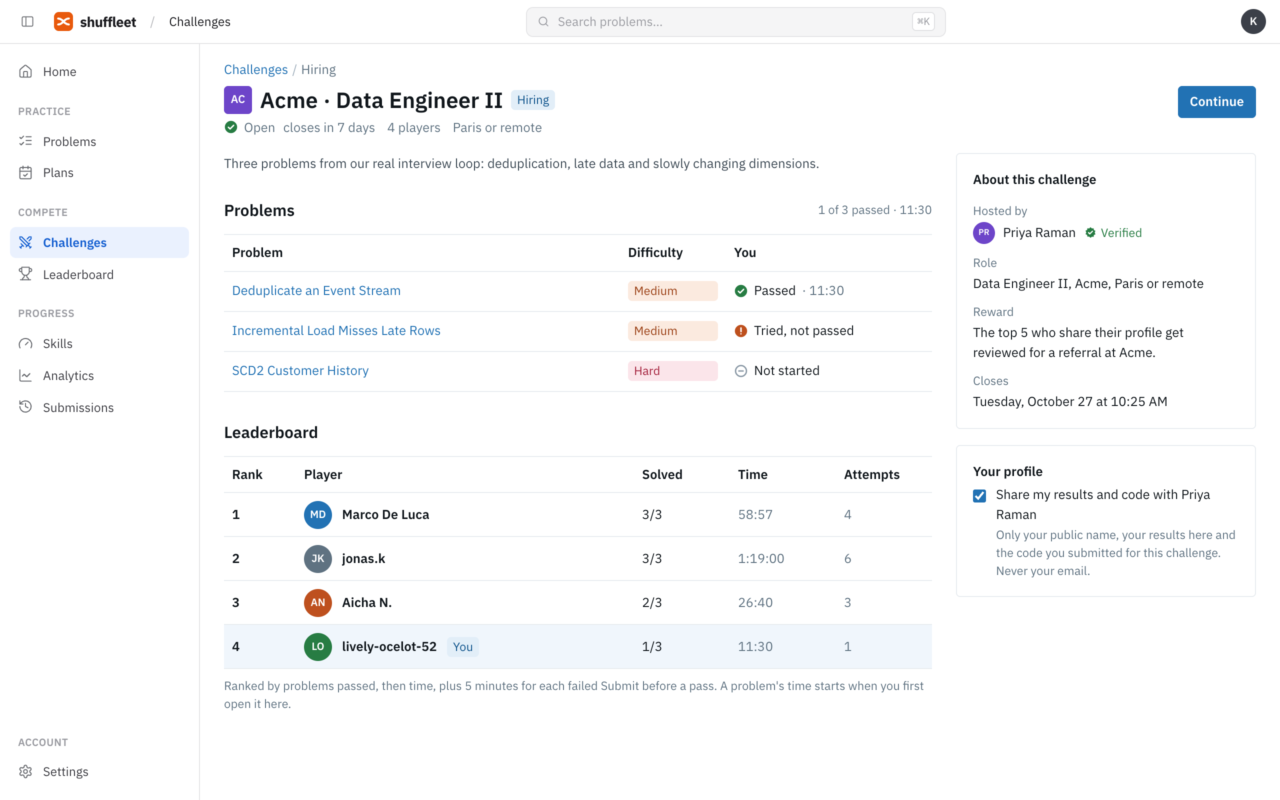 A company's hiring challenge: its problems, the leaderboard and the verified host